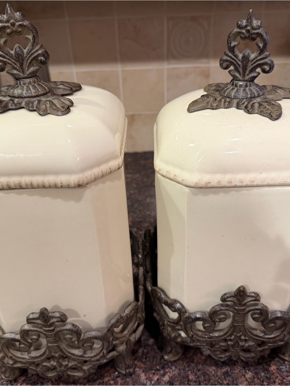 GG Collection Cream Ceramic Canister Set with Ornate Metal Accents